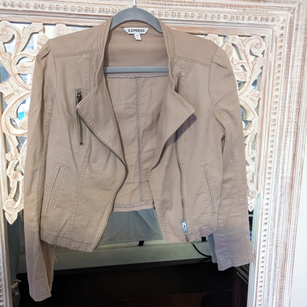 Express cotton tan moto jacket, size small / 4